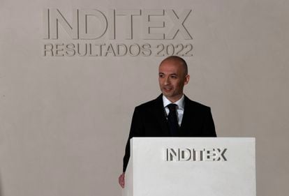 El consejero delegado de Inditex, Óscar García Maceiras, durante la presentación a los medios de comunicación de las cuentas de resultados de la multinacional en el año 2022, este miércoles en A Coruña.