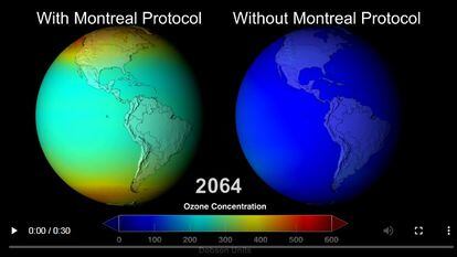 Simulación sobre qué habría ocurrido con la capa de ozono sin y con el Protocolo de Montreal.