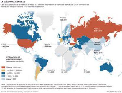 Mapa de los millones de armenios que viven en el mundo.