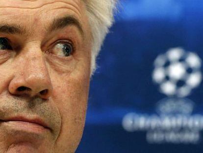 Ancelotti, este lunes en un momento de la rueda de prensa.