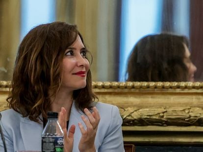 La presidenta de la Comunidad de Madrid, Isabel Díaz Ayuso, en el I Foro Empresarial Internacionalización en Italia, en el Palacio de Santoña, a 8 de septiembre de 2022, en Madrid (España).