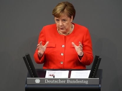 La canciller alemana, Angela Merkel, durante la presentación de las prioridades de la presidencia alemana ante el Bundestag, en Berlín a mediados de junio.