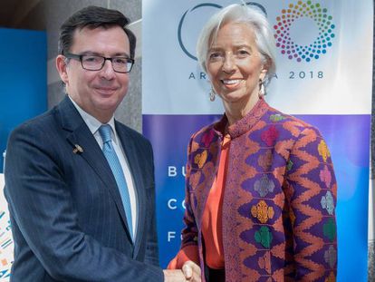 El ministro de Economía, Román Escolano, junto a la directora gerente del FMI, Christine Lagarde.
