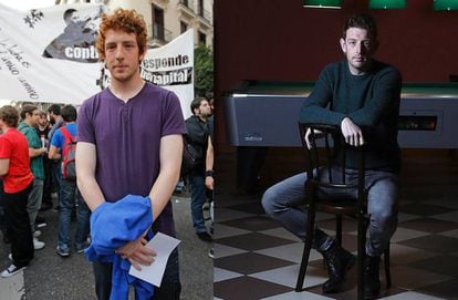 Adrián Espada, a la izquierda, en una marcha en 2011. A la derecha, esta semana, en el bar El Violín, de Getafe.