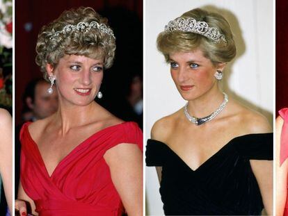 La princesa Diana de Gales con la tiara Spencer en (de izquierda a derecha) Londres en 1988; Budapest en 1992; Alemania en 1987 y Brisbane en 1983.