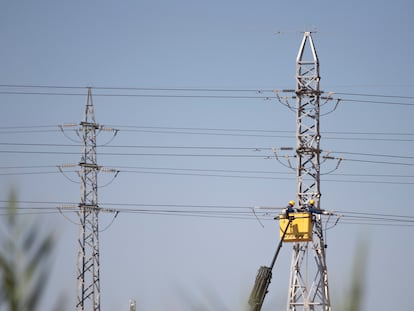 Varios operarios trabajan en un tendido eléctrico, en las afueras de Sevilla.