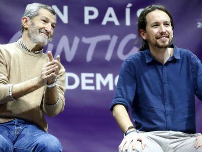 Julio Rodr&iacute;guez y Pablo Iglesias, en el mitin de Zaragoza.