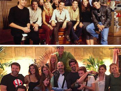 Arriba, foto de grupo de 'Al salir de clase', abajo, imagen del reencuentro 20 años después.