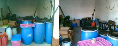 Dos imágenes del garaje donde ETA guardaba el material explosivo en interior de unos bidondes.