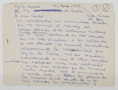 Manuscrito de la carta de Armando al rey Juan Carlos I advirtiéndole de los peligros nucleares observados por los extraterrestres en la Tierra.