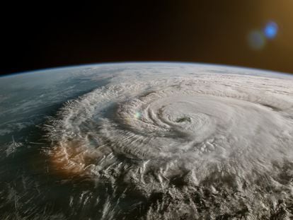 Imagen de satélite de una tormenta tropical-huracán, ciclón o tifón.