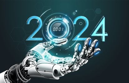 New AI technology trends in 2024 concept. Artificial Intelligence robot hand holding 2024 New Year technology, Can adjust digital number, vector illustration