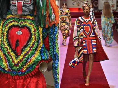 A la izquierda, imagen del vestido tradicional del carnaval de Viana do Bolo; a la derecha, una modelo luce el vestido de Dolce & Gabbana.