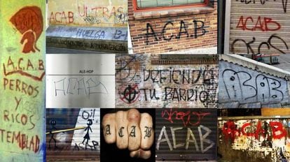 Fotograf&iacute;as de grafitis en Madrid, Zaragoza, Bilbao y Granada, con las siglas ACAB (All Cops Are Bastards).
