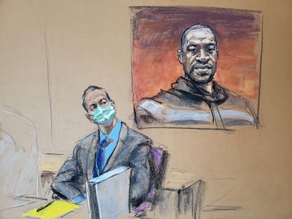 A drawing of ex-cop Derek Chauvin sitting in front of a picture of George Floyd during his trial in Minneapolis on Monday.