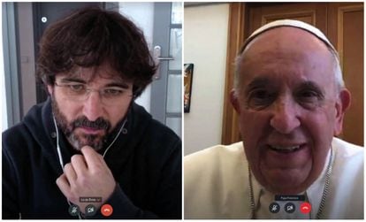 Jordi Évole y el Papa Franciso el domingo en el programa especial sobre el coronavirus en 'Lo de Évole'.