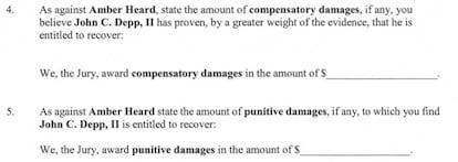 Una parte del formulario que deben rellenar los miembros del jurado para el fallo en el juicio de Johnny Depp contra Amber Heard.