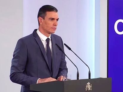 Pedro Sánchez, durante su comparecencia, este martes en La Moncloa.