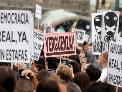 Una imagen de una protesta del 15-M en la Puerta del Sol, en Madrid.