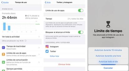 Capturas de pantalla de la 'app' de Apple que monitoriza el tiempo de uso del móvil y bloquea el acceso a las aplicaciones seleccionadas.