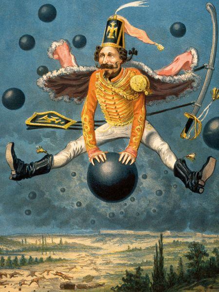 Ilustración de Géry-Bichard, realizada en 1879, sobre el barón de Münchhausen, del libro <i>1001 libros infantiles que hay que leer antes de crecer</i>(Grijalbo Ilustrados)