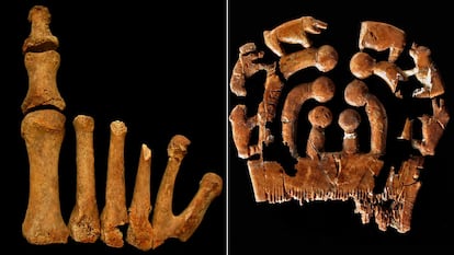 Right foot of the woman with polydactyly whose body was found in the Montelirio dolmen and an ivory comb, both from the main chamber.