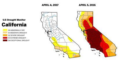 El contraste entre la situación actual y hace un año en California. Las zonas rojas son de "sequía excepcional".