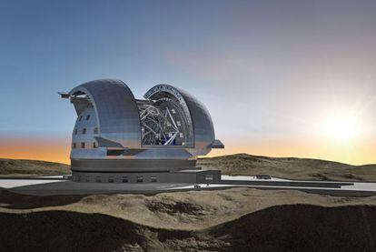 Ilustraci&oacute;n del futuro telescopio gigante europeo E-ELT, que estar&aacute; situado en el desierto de Atacama, en Chile.
 