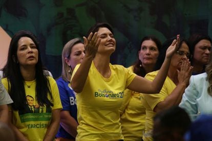 La primera dama, Michelle Bolsonaro, durante un mitin dedicado a mujeres este miércoles en São Paulo. 