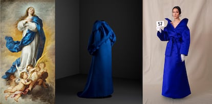 La Inmaculada Concepción de Aranjuez (1675-1680), de Murillo (primera foto), y, conjunto de noche de Cristóbal Balenciaga de 1965 (segunda foto). Este diálogo entre cuadro y moda formaba parte de la exposición 'Balenciaga y la pintura española' del Museo Thyssen de Madrid (verano de 2019). Gvasalia se inspira en piezas como esta para su colección (tercera foto). 