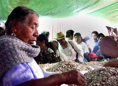 Una mujer popolocana vende su mercancía en un tianguis (mercado indígena) en la ciudad de México