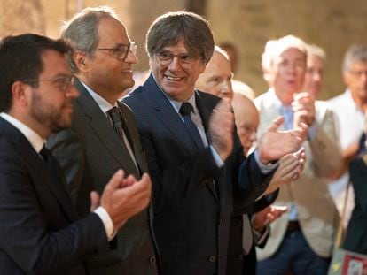 Acto de homenaje a Pau Casals en Prada de Conflent, con el 'president' Pere Aragonès, y sus antecesores Quim Torra, Carles Puigdemont, José Montilla y Jordi Pujol.