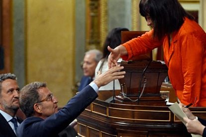 El líder del PP y diputado, Alberto Núñez Feijóo, entrega su voto a la presidenta de la Mesa de Edad, Cristina Narbona.