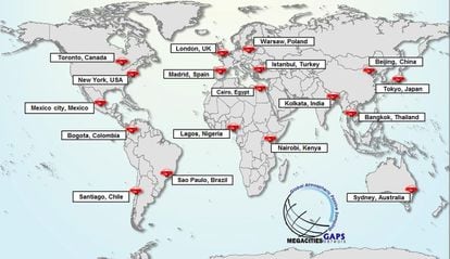 Map with the network of stations that are part of the GAPS Megacities project.