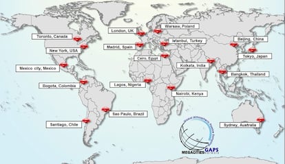 Map with the network of stations that are part of the GAPS Megacities project.