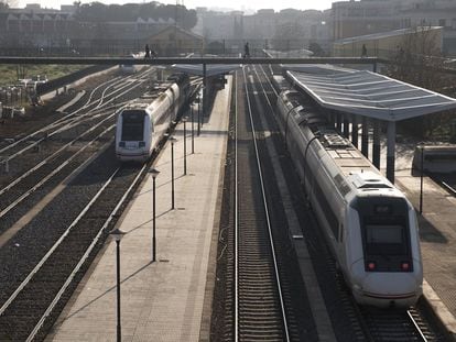 En la imagen, dos trenes en el andén de la estación de ferrocarril de Badajoz.