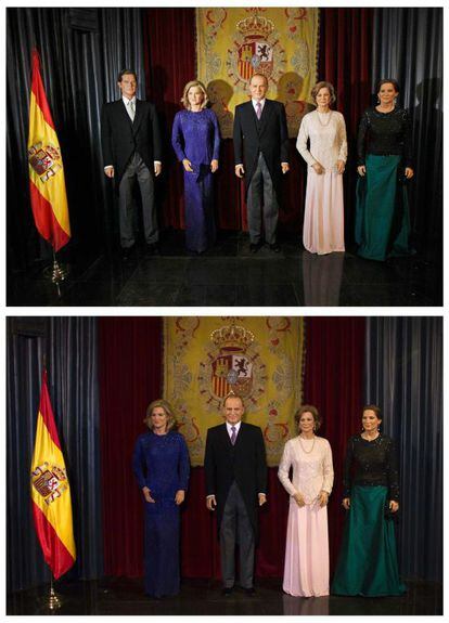 En la imagen de arriba, la ubicación anterior de la figura de Iñaki Urdangarin en el Museo de Cera de Madrid. Abajo, la Familia Real ya sin el deportista.