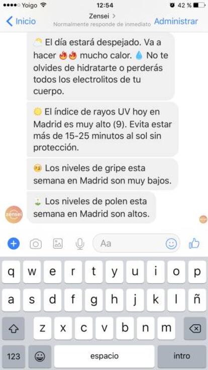 Muestra de la conversación con el chatbot de Zensei.