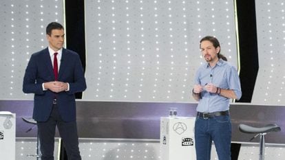 Imatge de Pedro Sánchez i Pablo Iglesias durant el debat facilitada per Atresmedia.