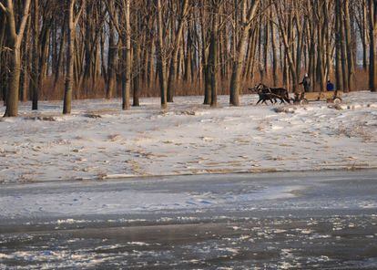 Un carro de caballos junto a las heladas aguas del Danubio en Calarasi, en Rumanía.