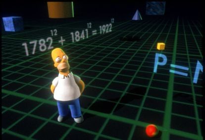 Homer Simpson, rodeado por un contraejemplo del Teorema de Fermat.