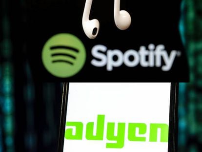 Logos de Spotify y Adyen, las dos startups europeas m&aacute;s pr&oacute;ximas a convertirse en un tit&aacute;n tecnol&oacute;gico, aquellas empresas que superan los 50.000 millones de d&oacute;lares de valoraci&oacute;n.