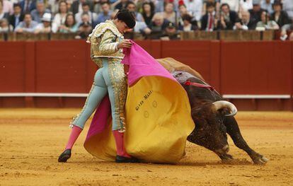 Ginés Marín, al quite en el segundo toro, primero de José María Manzanares, hoy en la Maestranza.