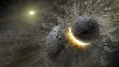 Ilustración artística que muestra una colisión planetaria, similar a la que podría haber creado la Luna.