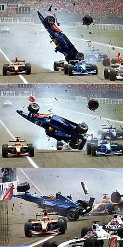 Secuencia de la primera salida del Gran Premio de Alemania en la que se aprecia el vuelo del Prost de Luciano Burti tras chocar con Michael Schumacher.
