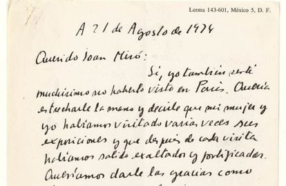 Carta de Octavio Paz a Joan Miró de 1974.