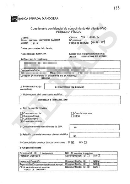 Primera página del documento know your client (conozca a su cliente, en inglés) que rellenó en la Banca Privada d'Andorra (BPA) para abrir una cuenta en marzo de 2009 la senadora del PRI Sylvana Beltrones.