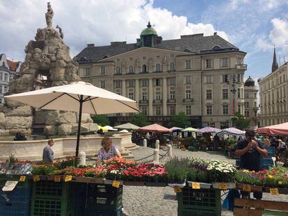 La animada Plaza de las Verduras, en el centro de Brno.