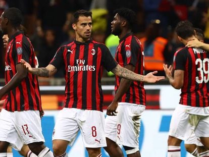 Los jugadores del Milán celebran un tanto durante la pasada edición de la Serie A.