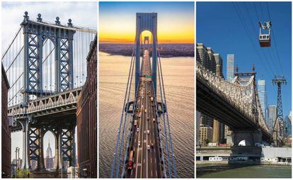 De izquierda a derecha, el Manhattan Bridge, vista aérea del puente Verrazano-Narrows y el teleférico junto al Queensboro Bridge, en Nueva York. 